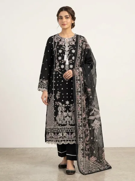 Pakistani-Inspired Embroidered Swizz Lawn Stitched Three-Piece Collection (Classic Jet Black)