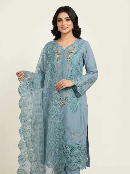 Pakistani-Inspired Embroidered Swizz Lawn Stitched Three-Piece Collection (Slate Blue)