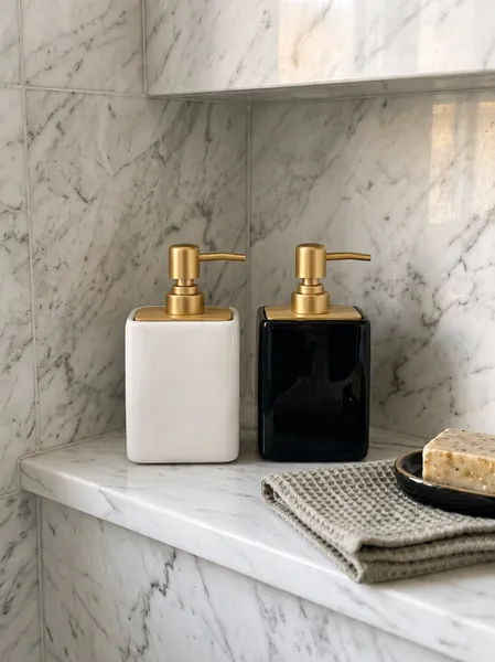 Square Ceramic Soap Dispenser – Brushed Gold Pump, White & Black | Bathroom Decor