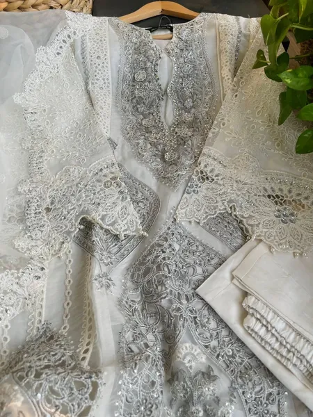 Pakistani Original Nau Bahar Luxury Organza Stitched 3Pcs _ Off White