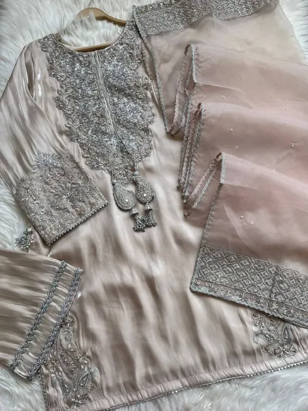 Original Pakistani Boutique Collection Luxury Silk Stitched 3Pcs _ Beige