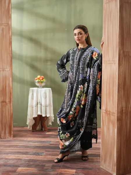 Original Pakistani Mausummery Premium Lawn Stitched 3Pcs _ Black