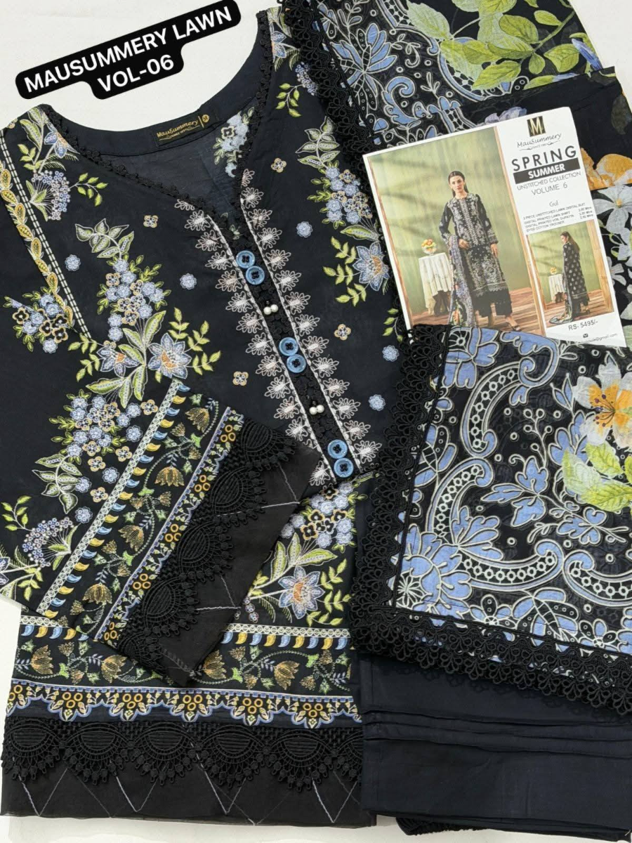 Original Pakistani Mausummery Premium Lawn Stitched 3Pcs _ Black