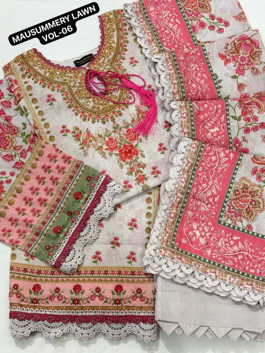 Original Pakistani Mausummery Premium Lawn Stitched 3Pcs _ Beige