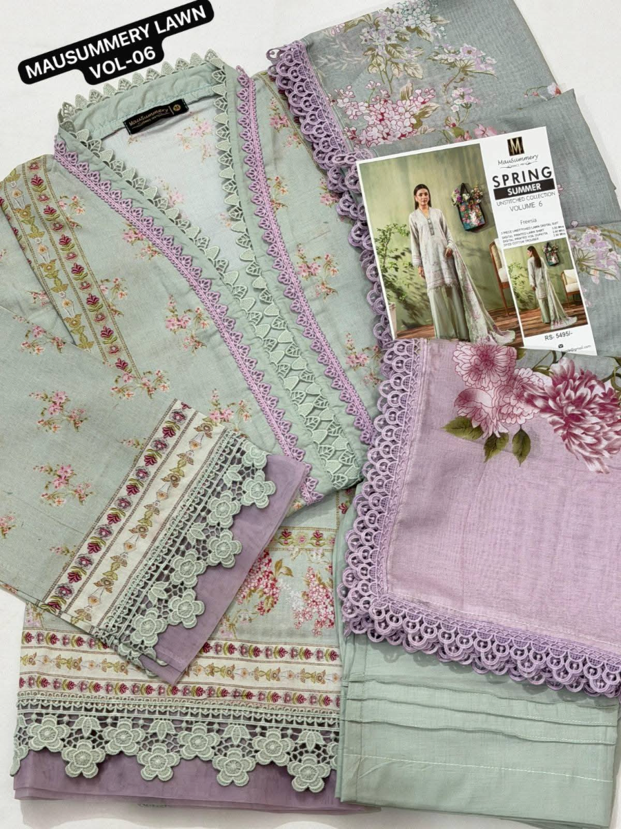 Original Pakistani Mausummery Premium Lawn Stitched 3Pcs _ Mint Beige