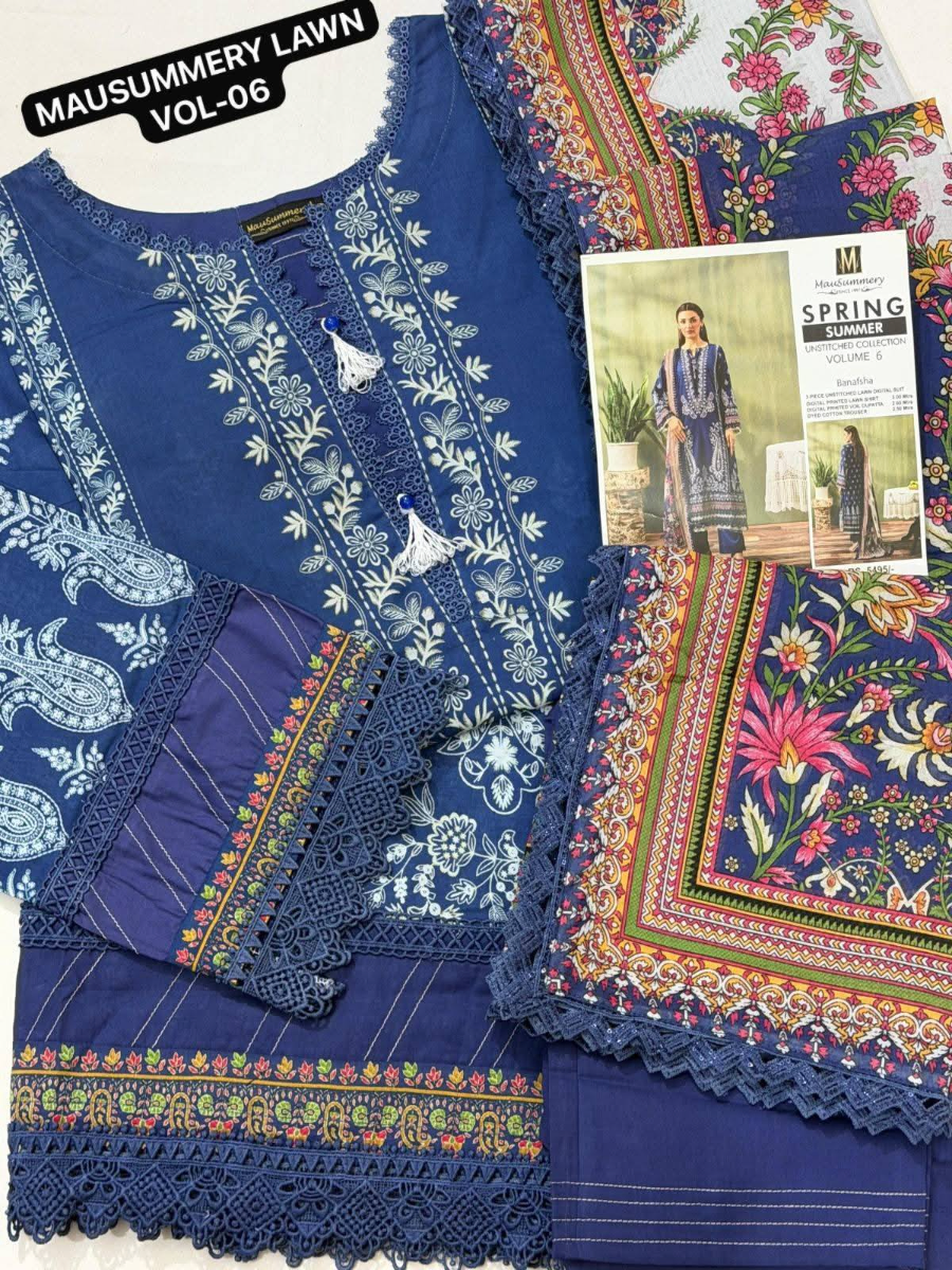 Original Pakistani Mausummery Premium Lawn Stitched 3Pcs _ Navy Blue