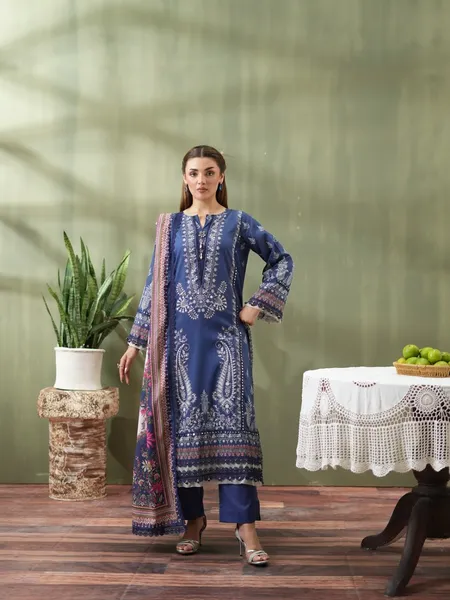 Original Pakistani Mausummery Premium Lawn Stitched 3Pcs _ Navy Blue