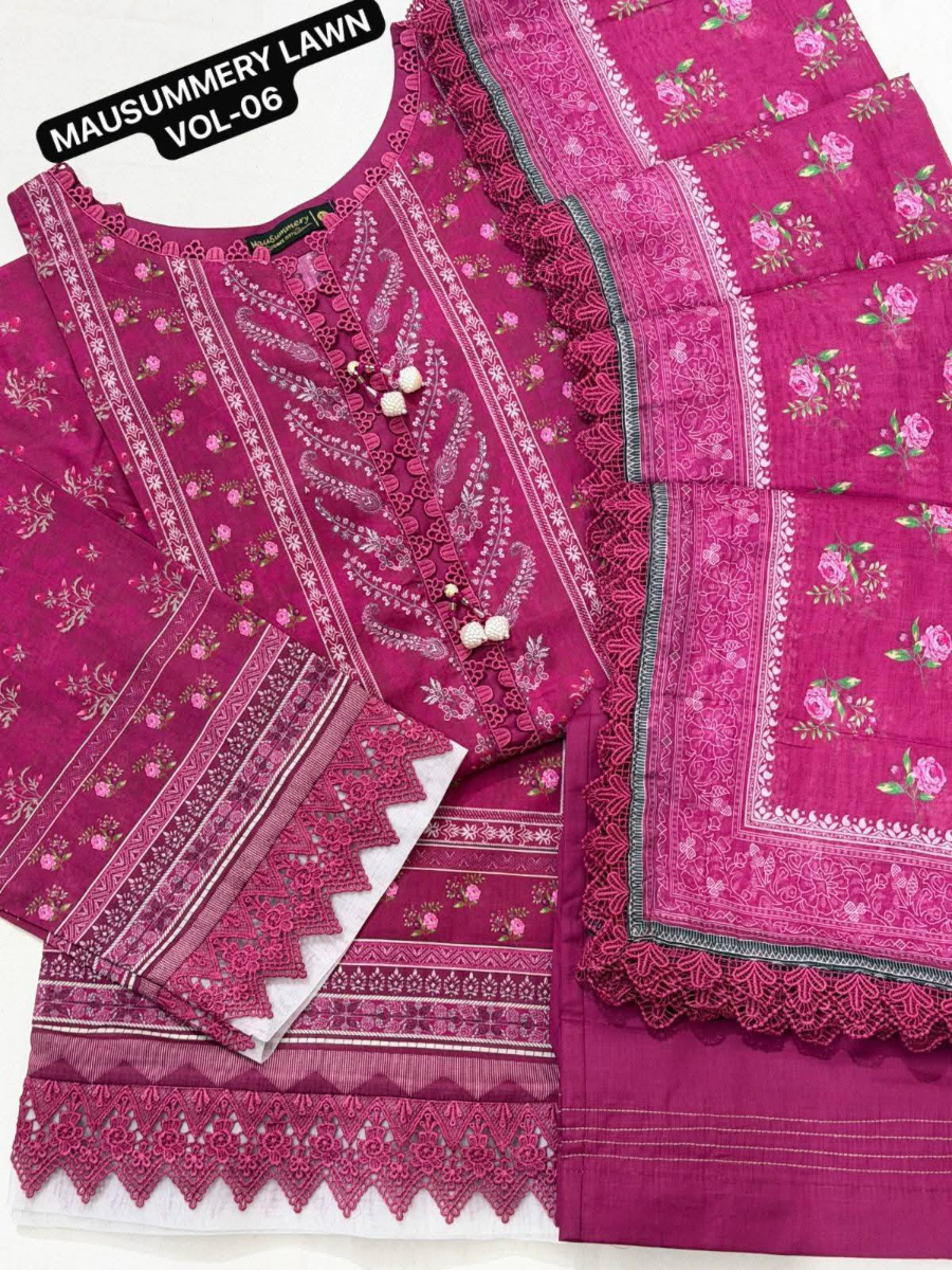 Original Pakistani Mausummery Premium Lawn Stitched 3Pcs _ Magenta Pink