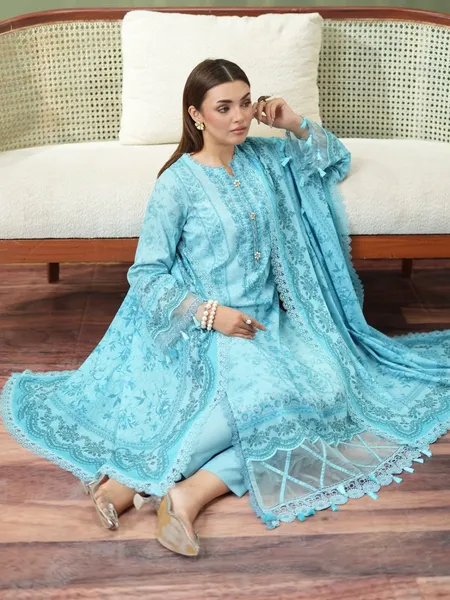 Original Pakistani Mausummery Premium Lawn Stitched 3Pcs _ Sky Blue