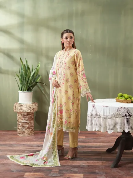 Original Pakistani Mausummery Premium Lawn Stitched 3Pcs _ Yellow