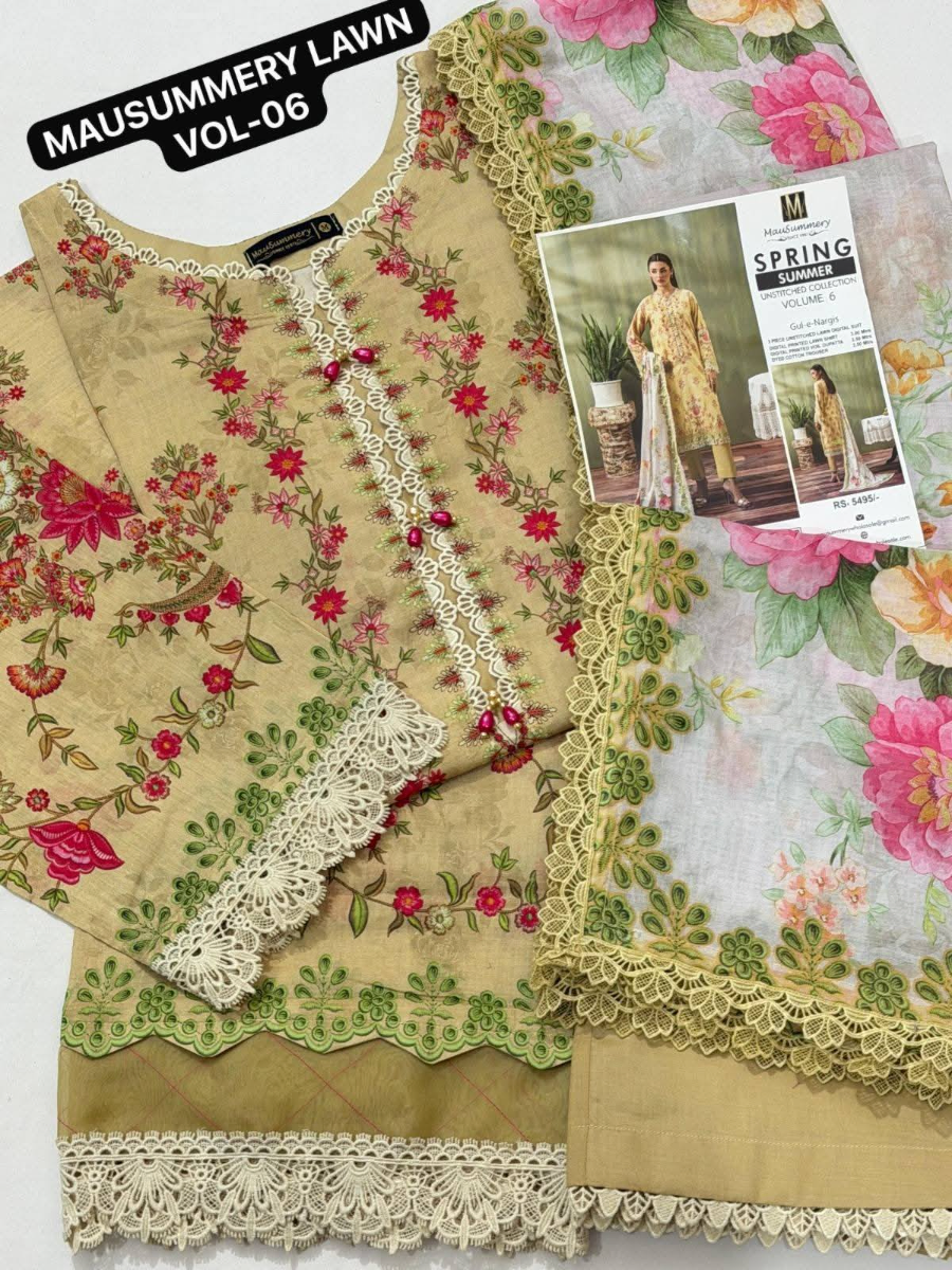 Original Pakistani Mausummery Premium Lawn Stitched 3Pcs _ Yellow