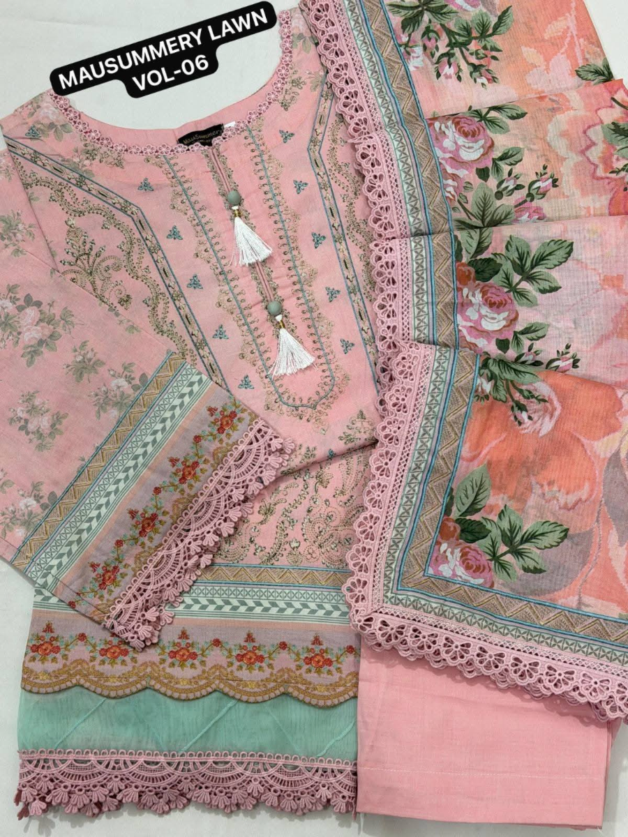 Original Pakistani Mausummery Premium Lawn Stitched 3Pcs _ Pink 