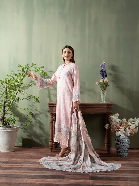 Original Pakistani Mausummery Premium Lawn Stitched 3Pcs _ Pink