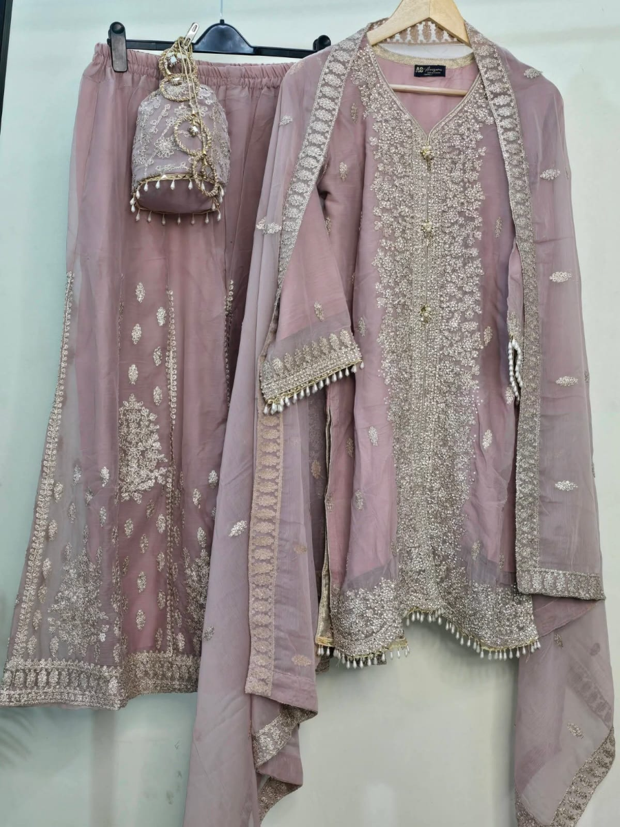 Original Pakistani Luxury Chiffon Sharara Stitched 3Pcs _ Pink