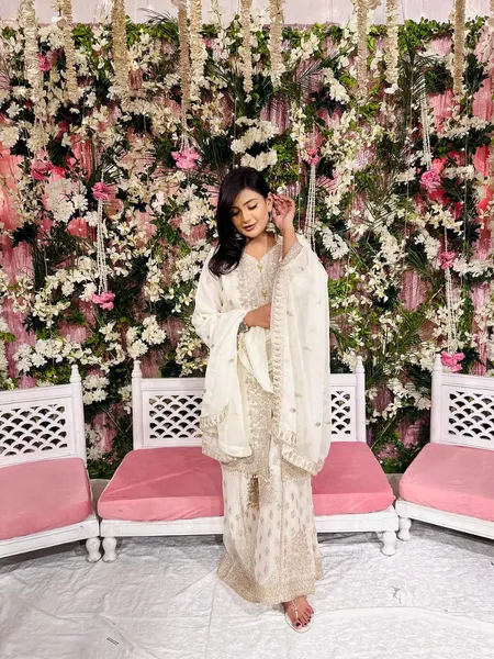 Original Pakistani Luxury Chiffon Sharara Stitched 3Pcs _ Off White