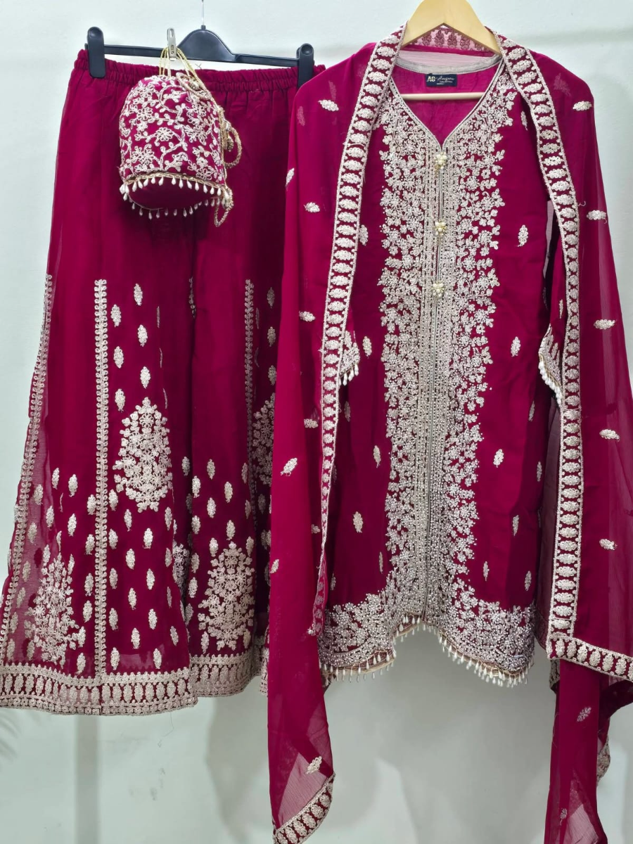 Original Pakistani Luxury Chiffon Sharara Stitched 3Pcs _ Magenta Pink
