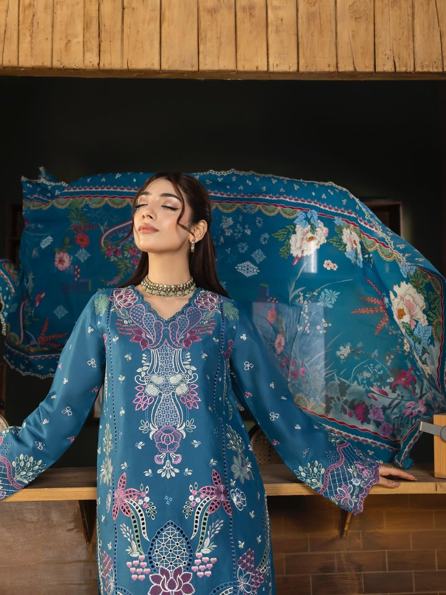 Pakistani Original Husnara Luxury lawn Stitched 3Pcs _ Deep Sea Blue 