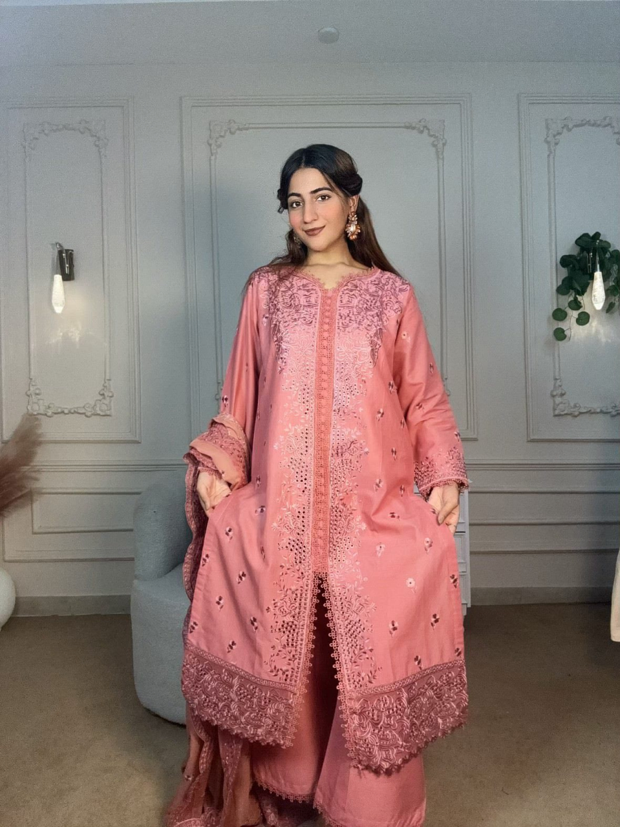 Original Pakistani Cotton Boring Embroidered Stitched 3Pc Sadasleek Gul E Rose _ Mauve Pink 
