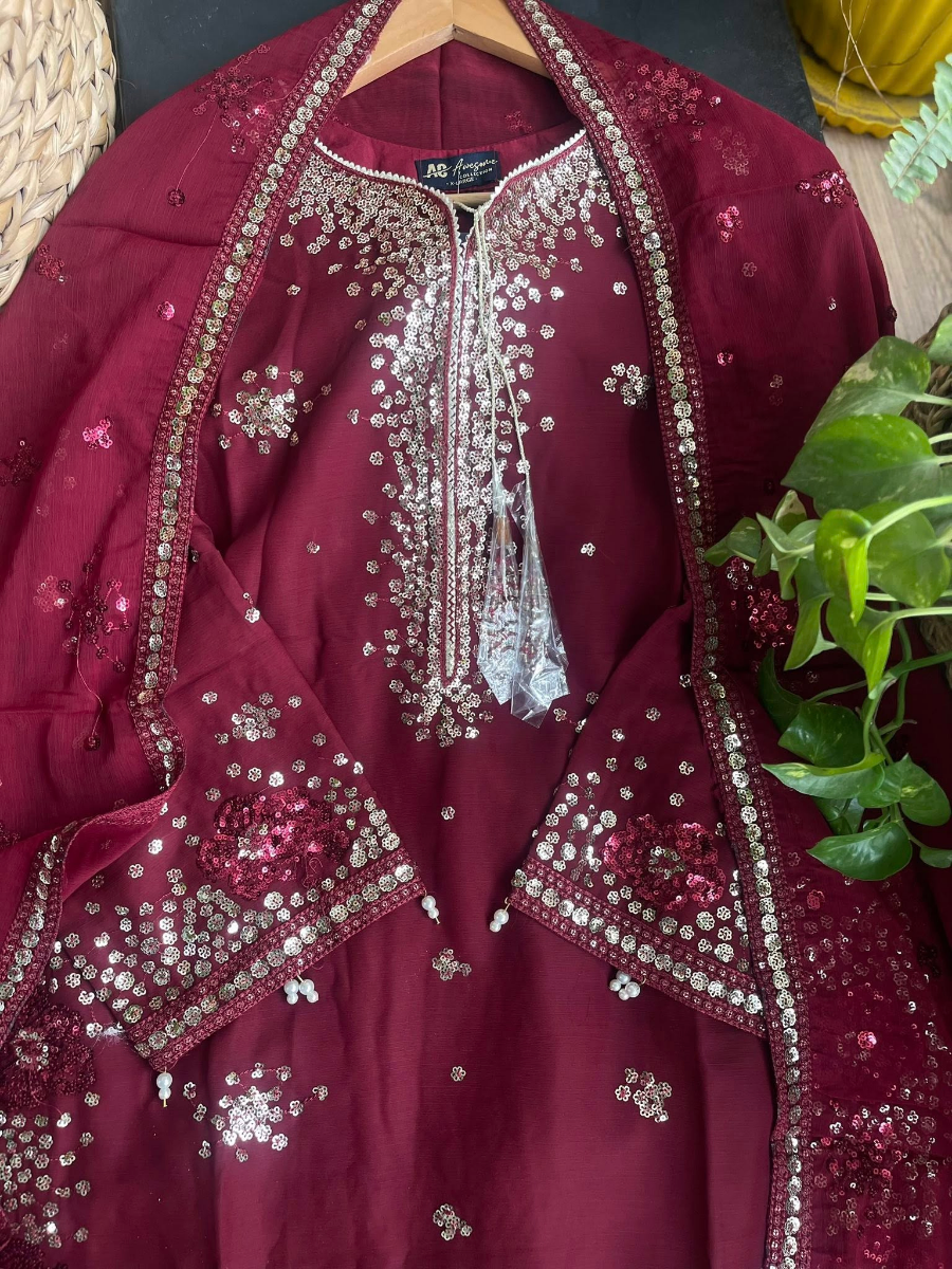 Original Pakistani Chiffon Stitched 3Pcs By Rangoon _ Maroon
