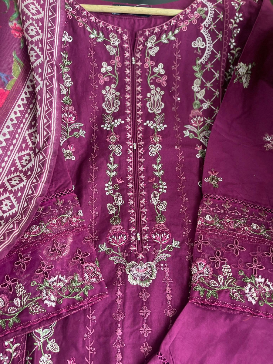Pakistani Original Hayat’s Embroidered Stitched Cotton 3Pcs _ Purple 