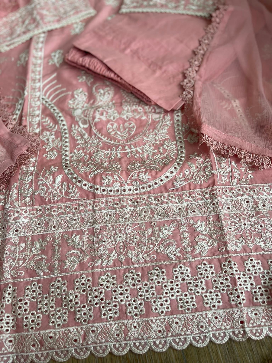 Pakistani Original Hayat’s Embroidered Stitched Cotton 3Pcs _ Pink 