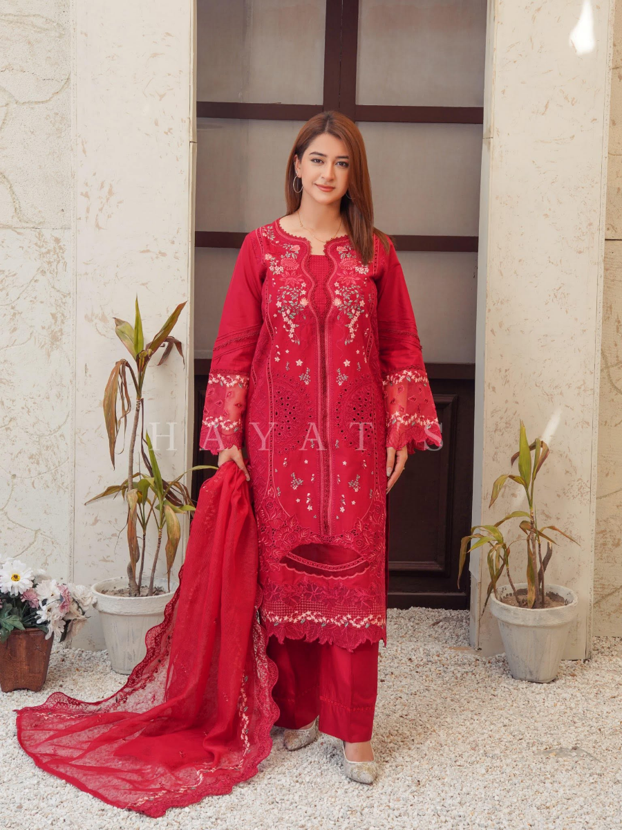 Pakistani Original Hayat’s Luxury Cotton Stitched 3Pcs _ Maroon 