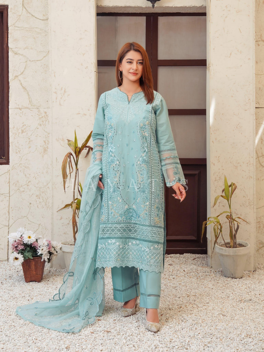 Pakistani Original Hayat’s Luxury Cotton Stitched 3Pcs _ Aqua 