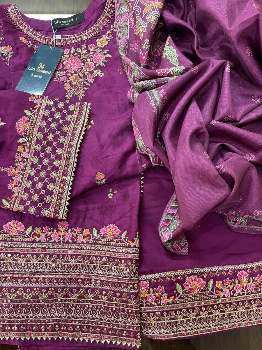 Pakistani Original Bin Saeed Luxury Jacquard Stitched 3Pcs _ Deep Purple 