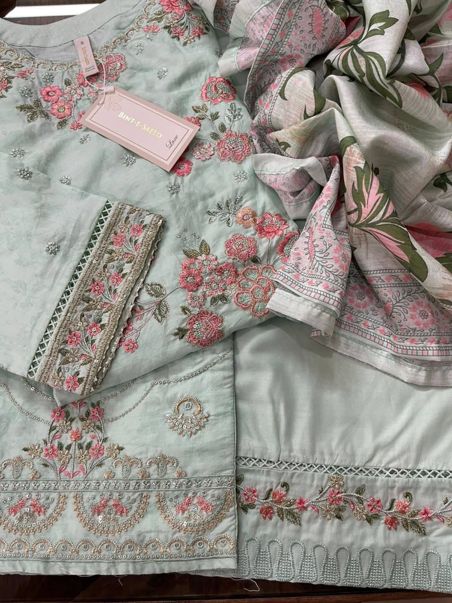 Pakistani Original Bin Saeed Luxury Jacquard Stitched 3Pcs _ Mint 