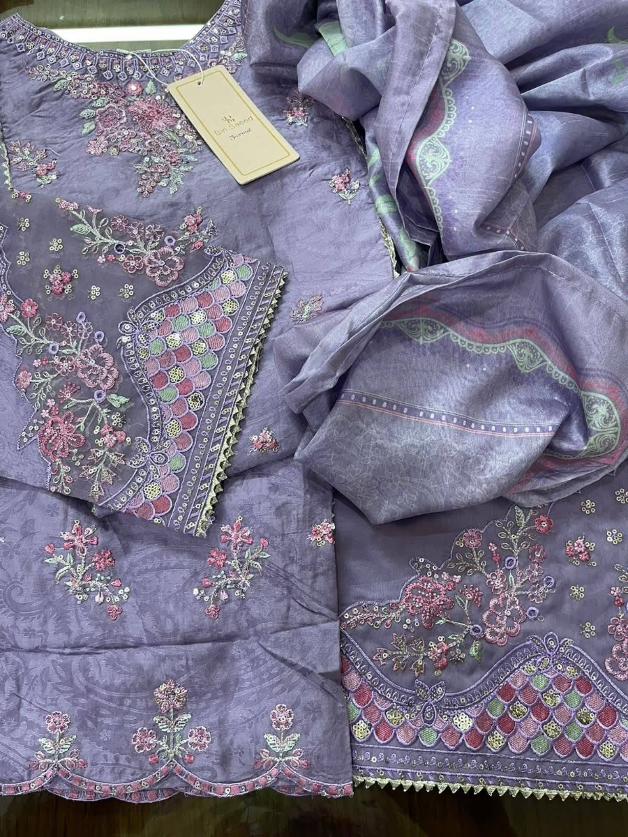 Pakistani Original Bin Saeed Luxury Jacquard Stitched 3Pcs _ Lilac 