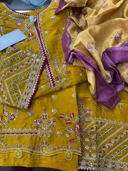 Pakistani Original Bin Saeed Luxury Jacquard Stitched 3Pcs _ Mustard Yellow 