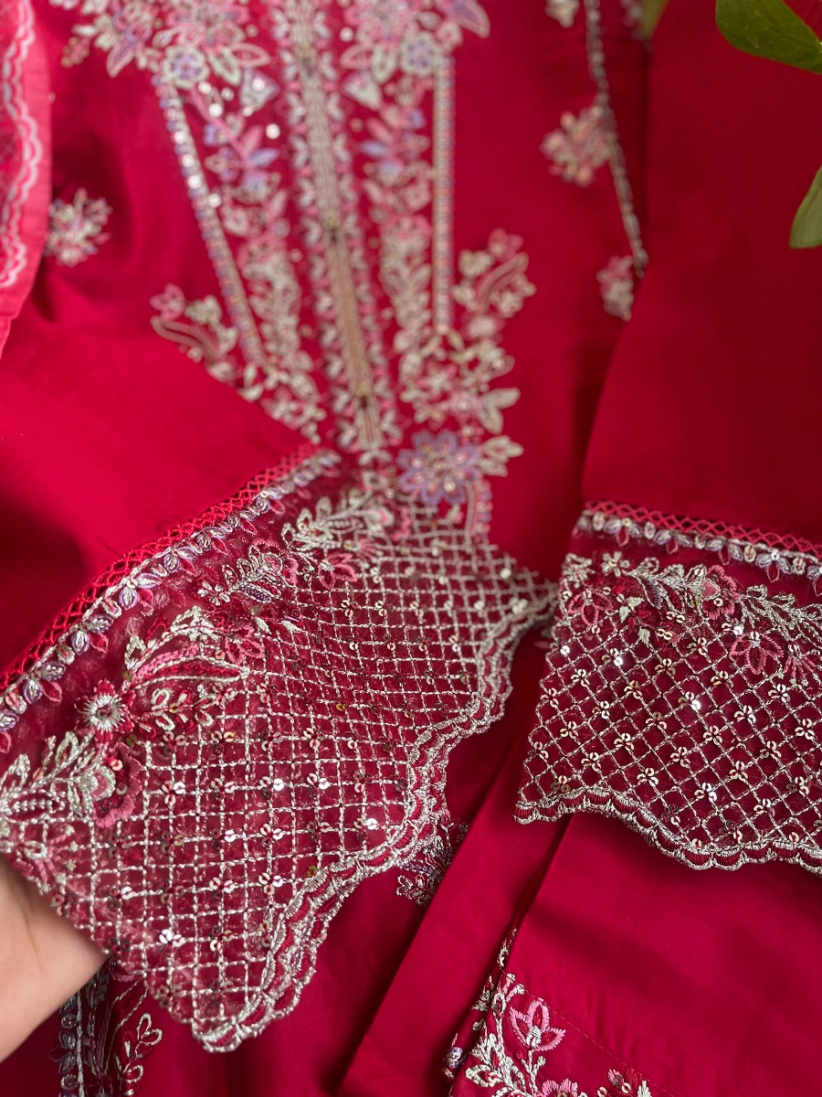 Pakistani Original Hayat’s Sister Brand Bin Ishaq Stitched Cotton 3Pcs Collection _ Red