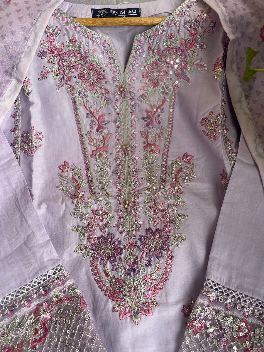 Pakistani Original Hayat’s Sister Brand Bin Ishaq Stitched Cotton 3Pcs Collection _ Lavender