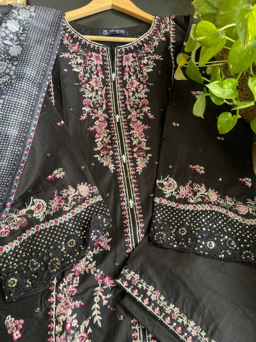 Pakistani Original Hayat’s Sister Brand Bin Ishaq Stitched Cotton 3Pcs Collection _ Black