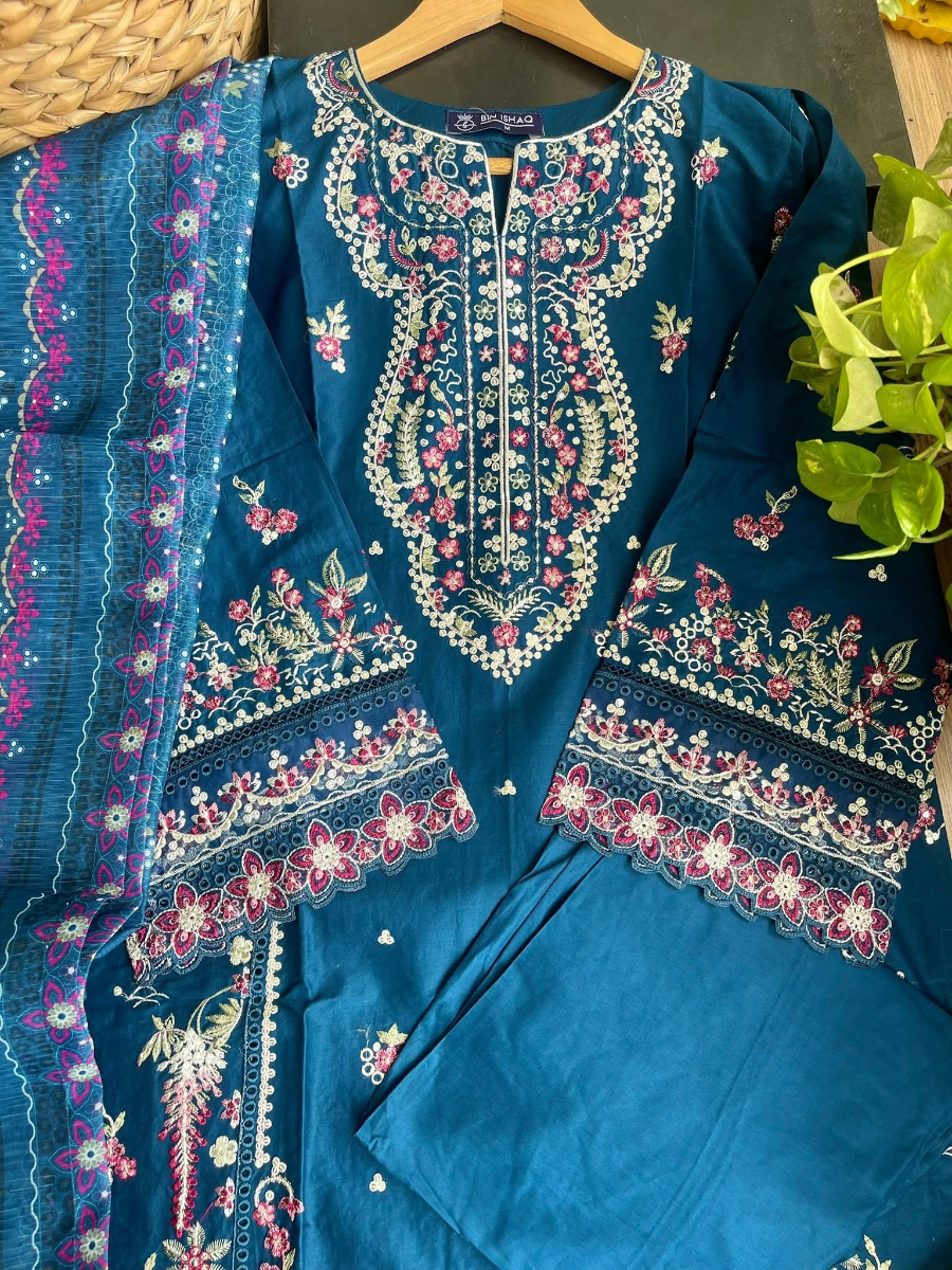 Pakistani Original Hayat’s Sister Brand Bin Ishaq Stitched Cotton 3Pcs Collection _ Navy Blue