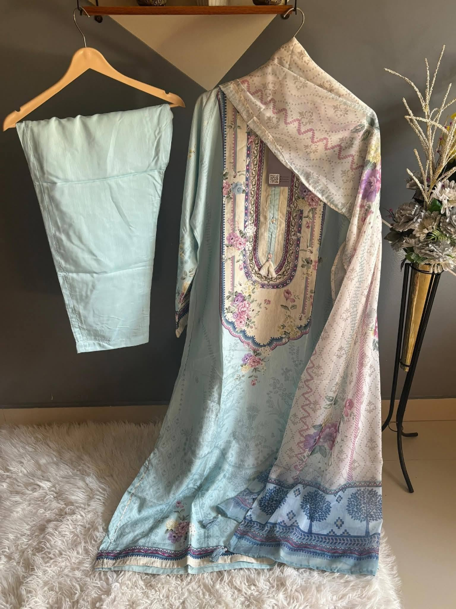 Pakistani Original Sadabahar Kaftaan 3Pcs_ Sky Blue 