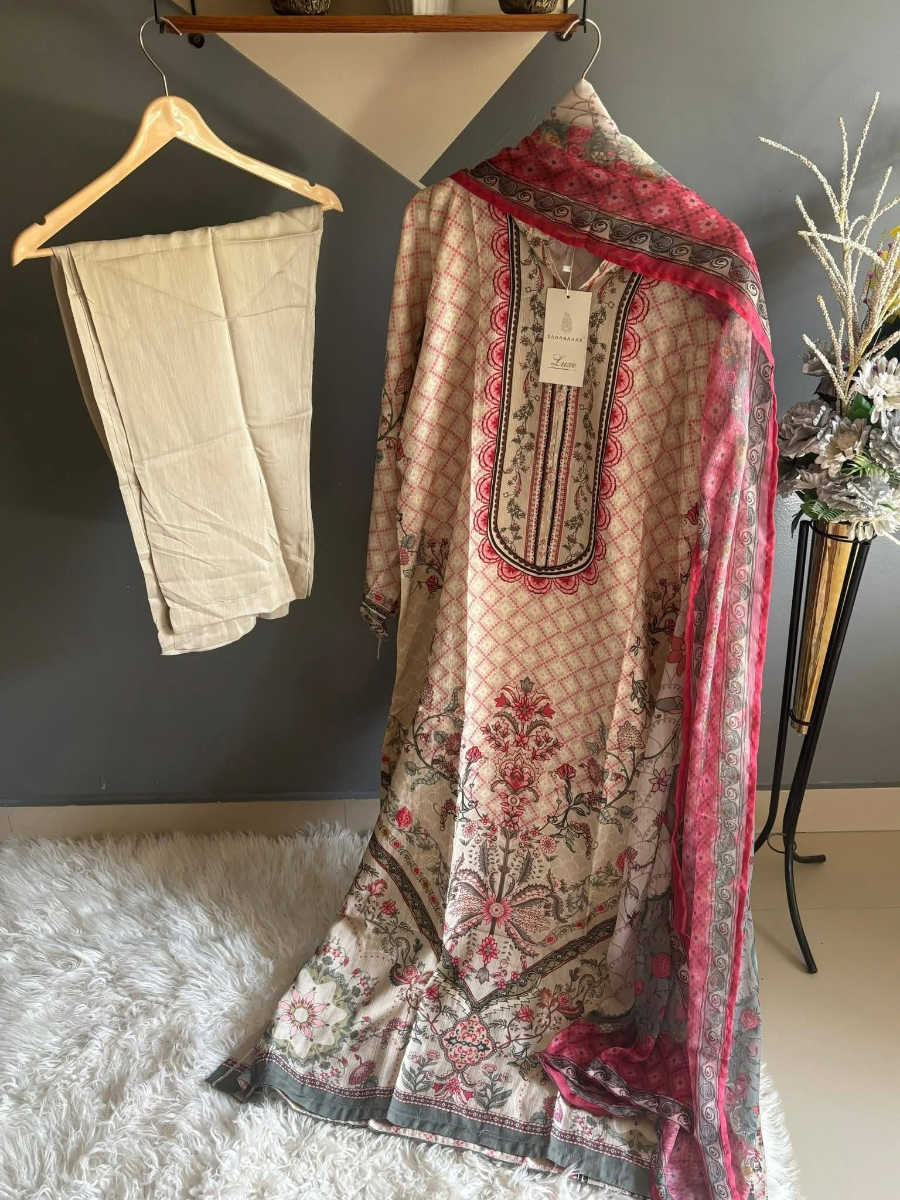 Pakistani Original Sadabahar Kaftaan 3Pcs_ Beige