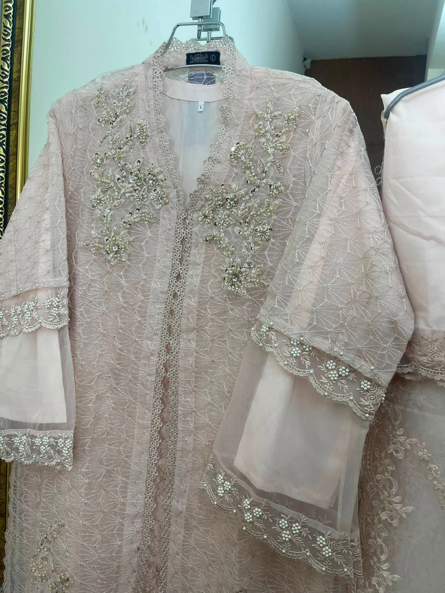 Pakistani Original Mona Embroidery Organza Stitched Gown 4Pcs_ Light Pink