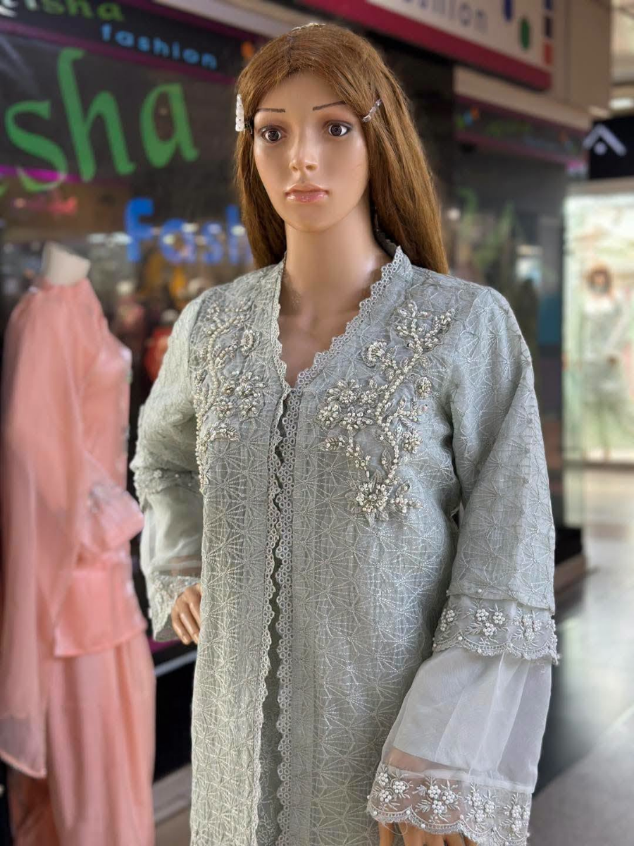 Pakistani Original Mona Embroidery Organza Stitched Gown 4Pcs_ Ash Gray