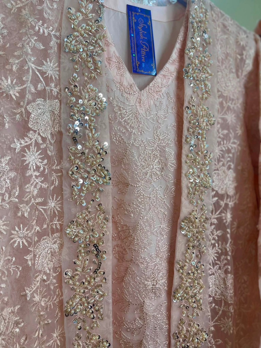 Pakistani Original Mona Embroidery Organza Stitched Gown 4Pcs _ Light Pink
