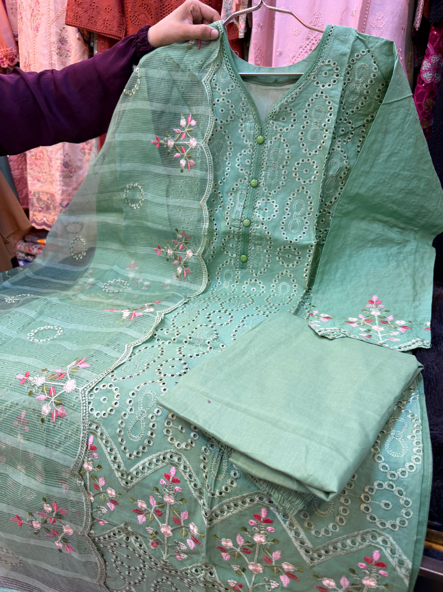 Pakistani Swizz Cotton Suit with Embroidered Quata Dupatta