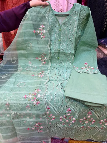 Pakistani Swizz Cotton Suit with Embroidered Quata Dupatta