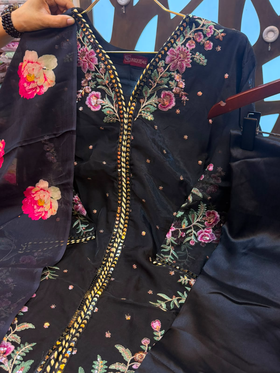 Stylish Organza Party Wear with Printed Silk Quata Dupatta