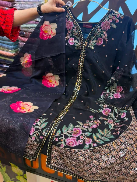 Stylish Organza Party Wear with Printed Silk Quata Dupatta