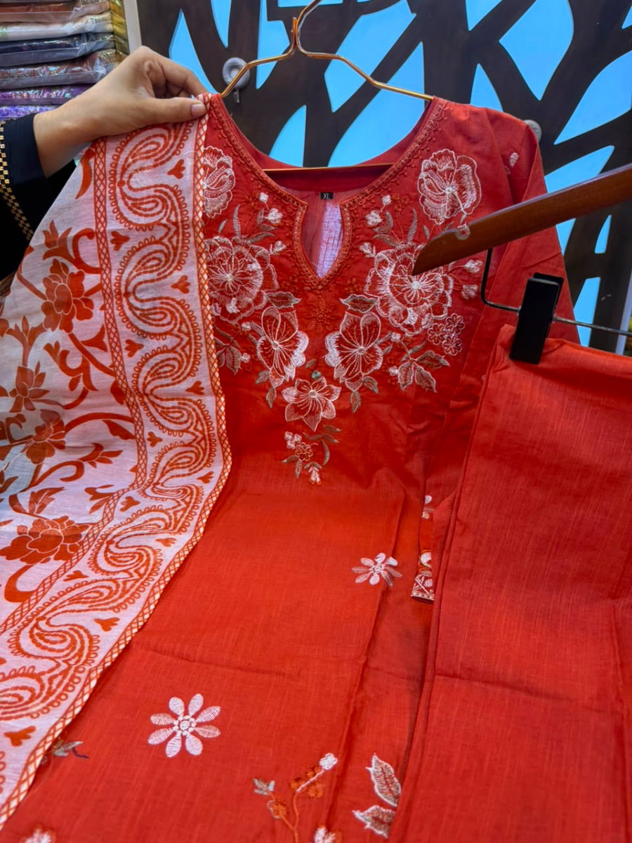 Elegant Floral Embroidered Pakistani Style Suit - Rust Orange