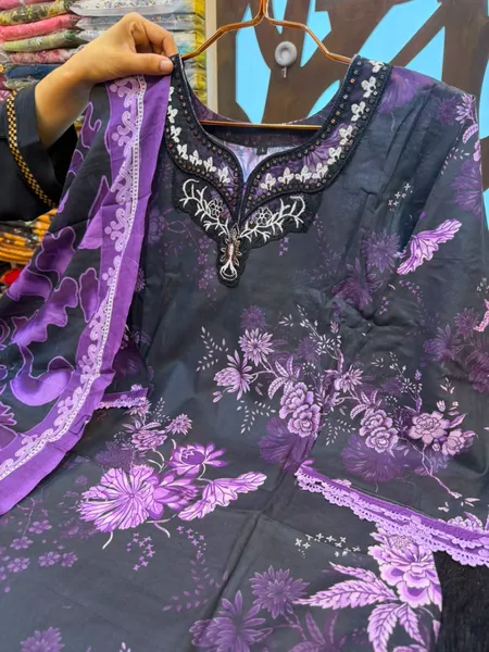 Swizz Lawn Printed Cotton 3-Piece Suit with Neck Embroidery Work - Black & Purple