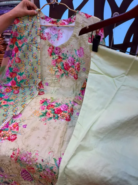 Floral Printed Cotton Three-Piece Suit with Cutwork Embroidery - Soft Pastels