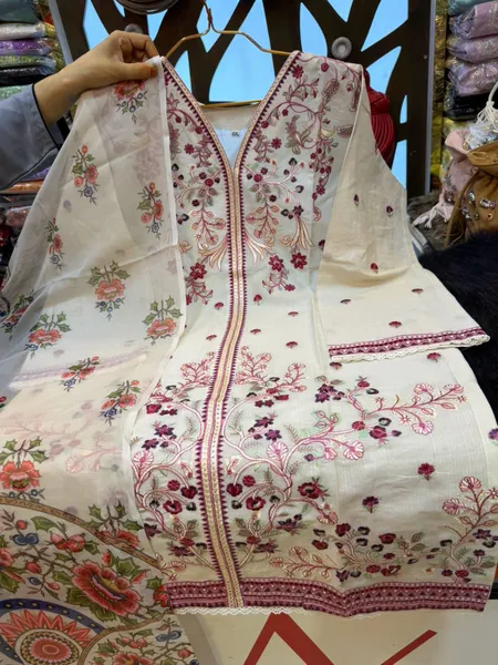 Pakistani-Inspired Floral Embroidered Swiss Cotton Three-Piece Suit