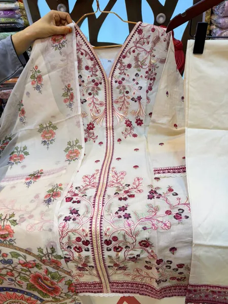 Pakistani-Inspired Floral Embroidered Swiss Cotton Three-Piece Suit