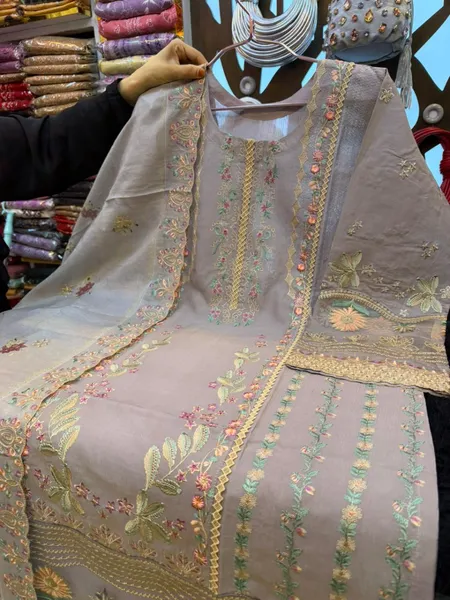 Pakistani-Inspired Stripe Cotton Embroidered Three-Piece Suit